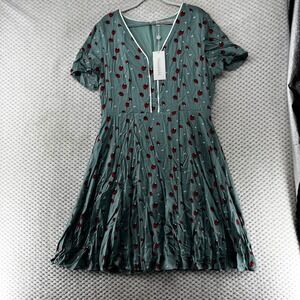 Sugarhill Pippa Strawberry Print Dress Green V-Neck Vintage inspired Size 10‎
